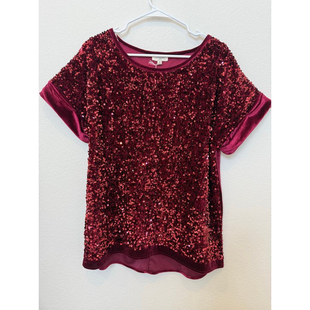 NWT Umgee Sequin Velvet Short Sleeve‎ Top Maroon Burgundy Wine Medium Holiday